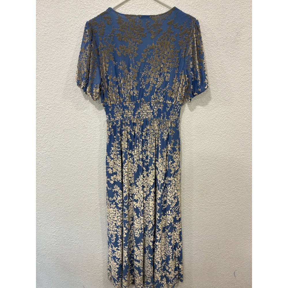 Baltic Born Women Blue Gold Floral Burnout Velvet Maxi Dress V-Neck Smocked L - Picture 3 of 5